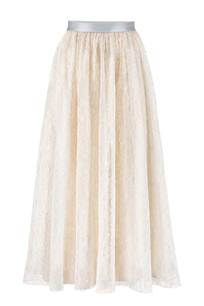 IVI collection LACE Midirock mit paillettendurchwobener Spitze in der Farbe weiß aus der Resort25 Kollektion. IVI collection LACE midi skirt with sequined lace in white from the Resort25 collection.