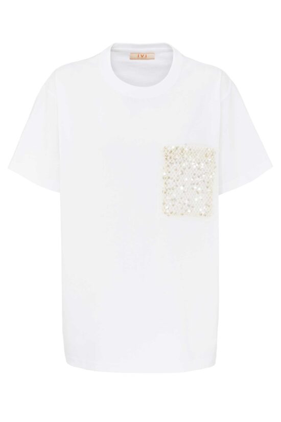 Produktbild: FANCY T-Shirt mit Pailletten-Tasche in weiß.
