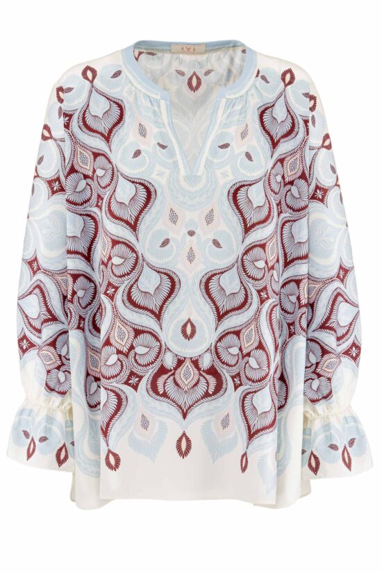 Produktbild: FRESCO Tunika mit floralem hellblau rotem Print auf weißem Hintergrund.