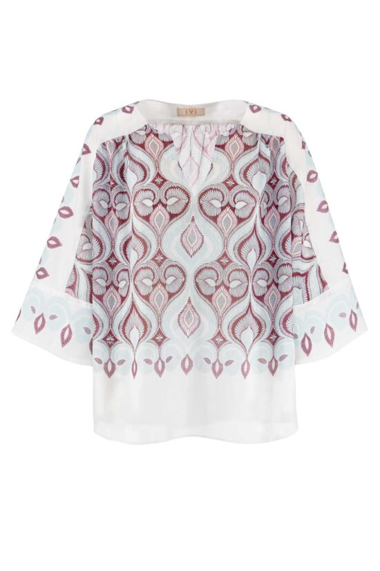 Produktbild: FRESCO Baumwollbluse mit floralem hellblau rotem Print auf weißem Hintergrund.