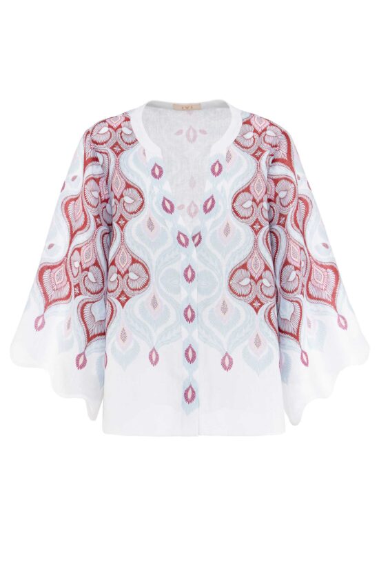 Produktbild: FRESCO Leinenbluse mit floralem hellblau rotem Print auf weißem Hintergrund.