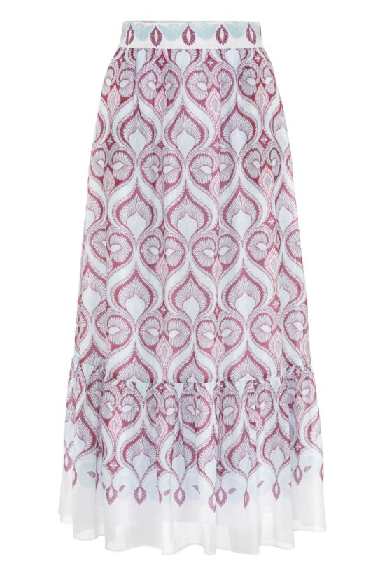 Produktbild: FRESCO Rock mit floralem hellblau rotem Print auf weißem Hintergrund.