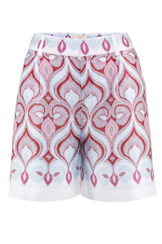 Produktbild: FRESCO Leinenshorts mit floralem hellblau rotem Print auf weißem Hintergrund.