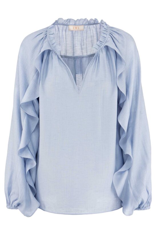 Produktbild: FRILL Bluse mit Rüschen in hellblau.