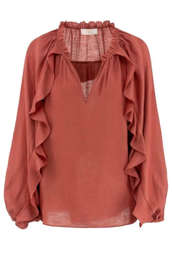 Produktbild: FRILL Bluse mit Rüschen in bordeaux.