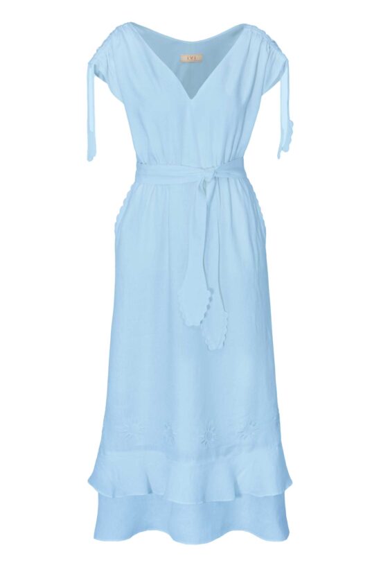 Produktbild: SOLID LINEN Leinenkleid mit Bindegürtel in himmelblau.