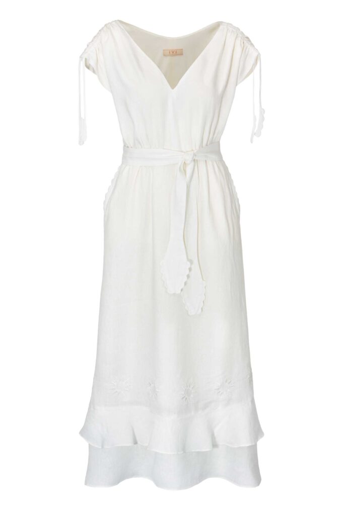 white linen dress with black trim The little white dress. Mini cut, eyelet trim, 100% linen. MO&Co. Summer 2026