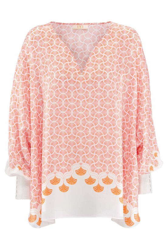 Produktbild: ABANICO Tunika mit rosafarbenem Print auf weißem Hintergrund.