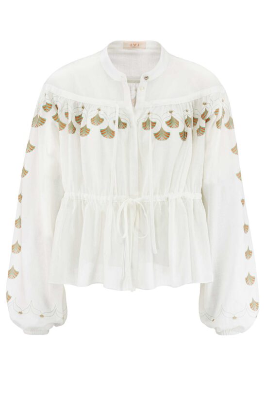 Produktbild: ABANICO Baumwollbluse mit dezentem Print auf weißem Hintergrund.