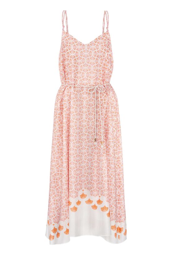 Produktbild: ABANICO Spaghettiträgerkleid mit rosafarbenem Print auf weißem Hintergrund.