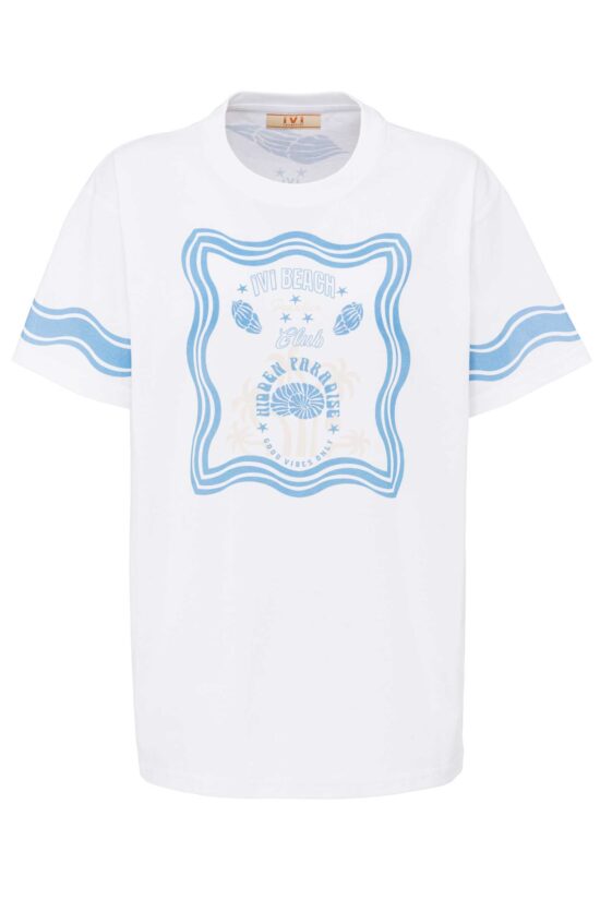 Produktbild: T-Shirt aus weißem Baumwolljersey mit blauem Motivprint.