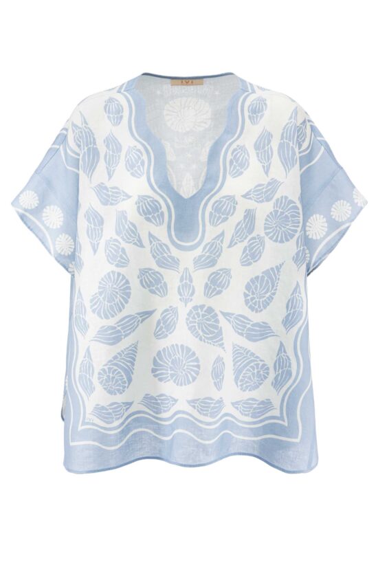 Produktbild: Tunika in sommerlicher Variante mit kurzen überschnittenen Ärmeln aus reinem Leinen mit Muschel-Print.