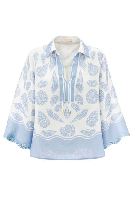 Produktbild: Bedruckte Leinenbluse mit Kragen und weitem 3/4 Ärmel.