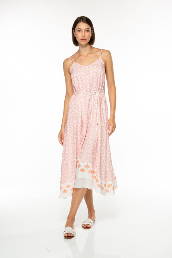 Produktbild: ABANICO Spaghettiträger-Kleid in einem hübschen rosafarbenen Print auf weißem Fond. Bild von vorne