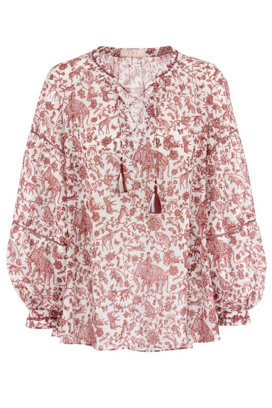 Produktbild: WILDLIFE Baumwollbluse mit rotem Print auf weißem Hintergrund.