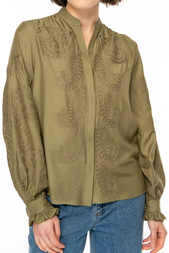 ROMANTIC Bestickte Bluse, olive