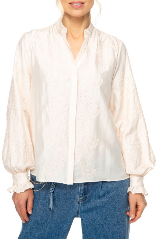 ROMANTIC Bestickte Bluse, light sand