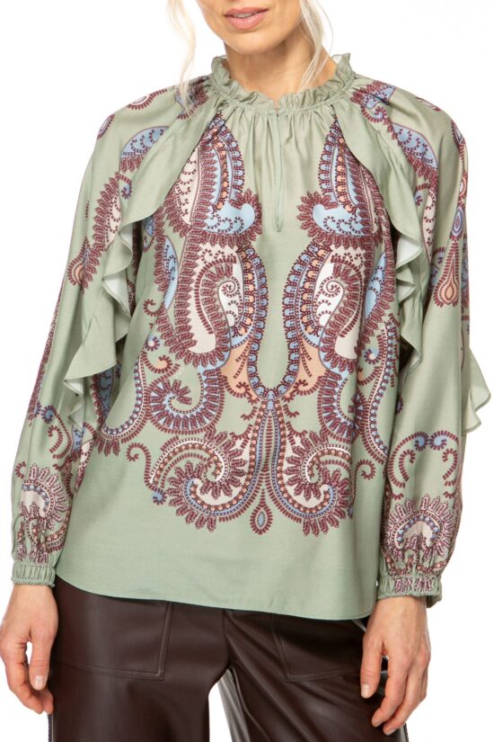 CRYSTAL PAISLEY Bluse mit Rüsche, olive