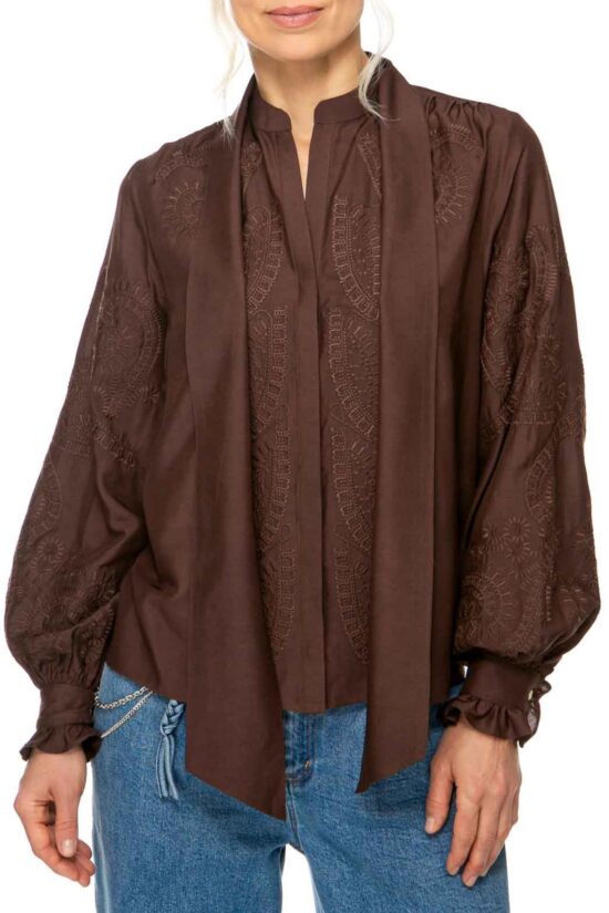 ROMANTIC Bestickte Bluse, chocolate