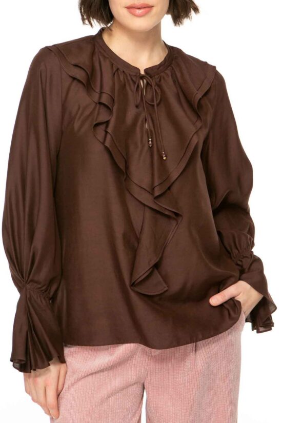 ROMANTIC Bluse mit Rüsche, chocolate